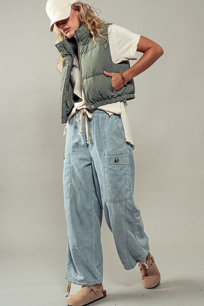 Brooklyn High Neck Cropped Puffer Vest - Olive