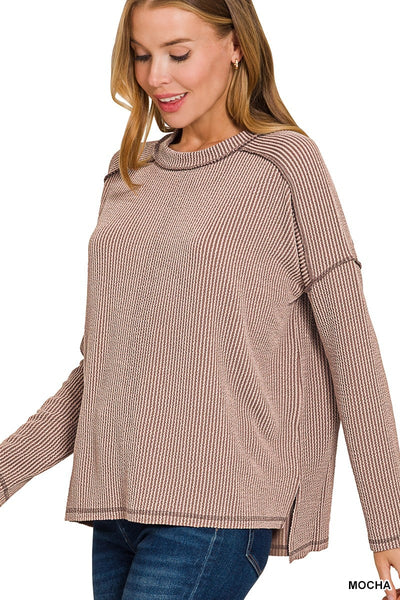 Wander & Rest Cable Ribbed Knit Drop Shoulder Top - Mocha - SIZE L/XL
