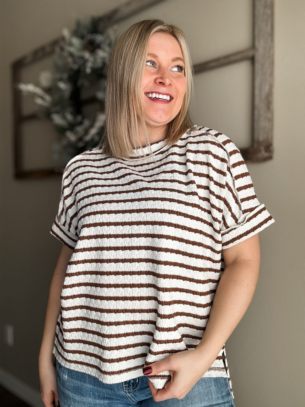 Sollie Striped Boxy Top - Brown - SIZE L/XL