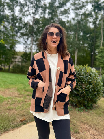 Checkerboard Button Cardigan - SIZE S/M