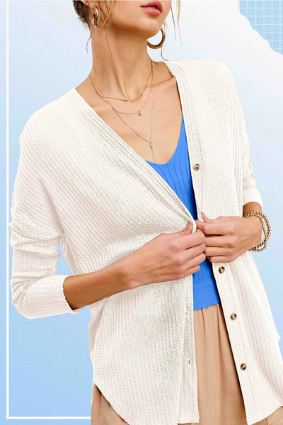 Hadlie Waffle Button Down Cardigan - White