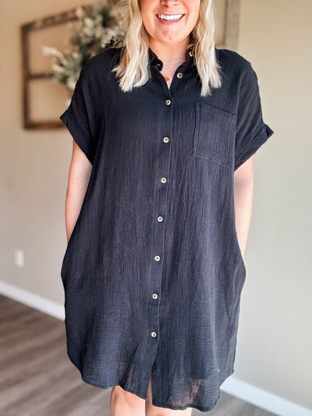 Positano Button Up Shirt Dress - Black
