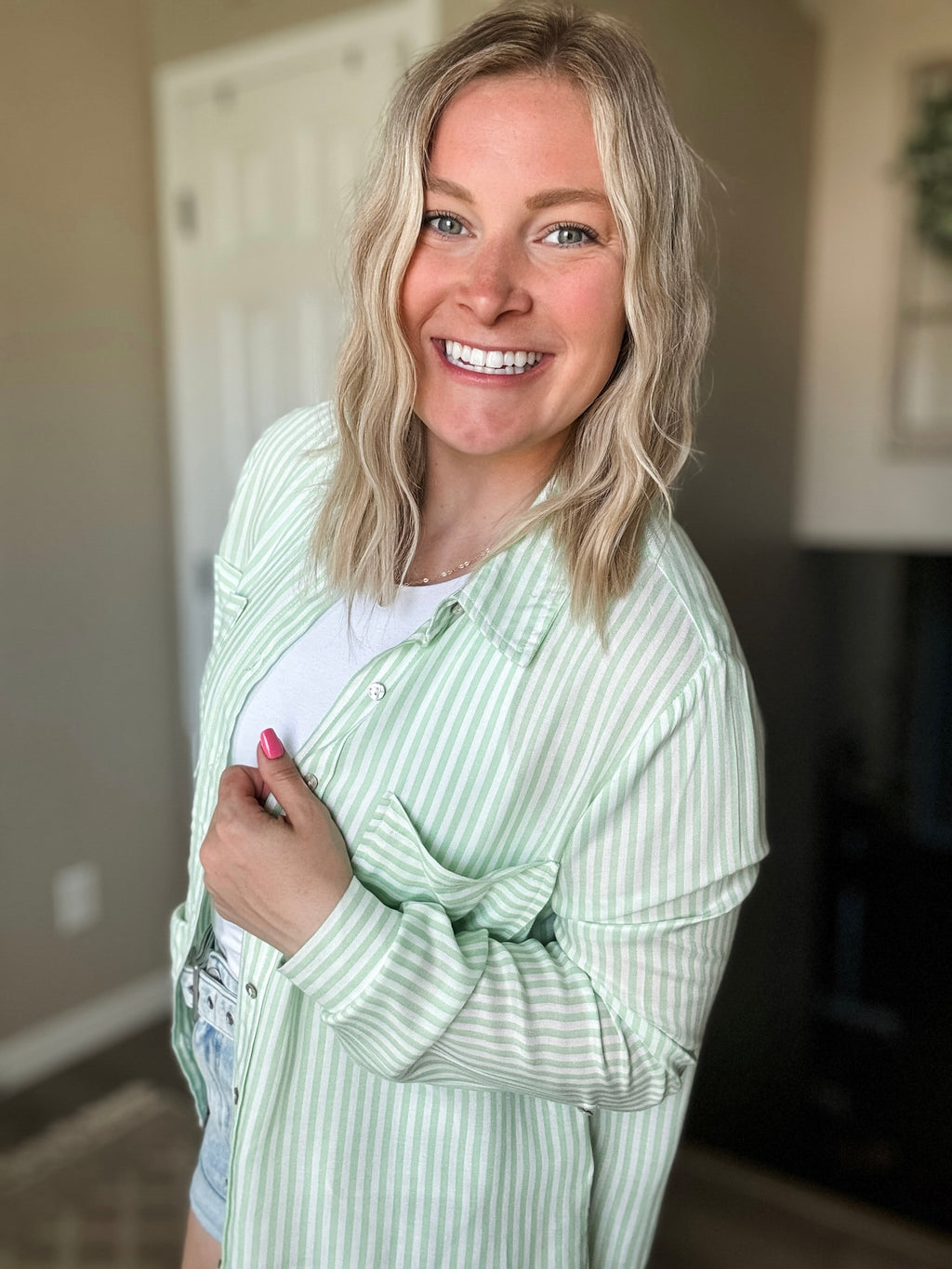 Eliana Stripe Button Up - Lime - SIZE SMALL