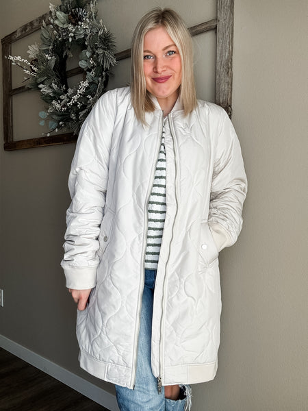 Berklee Long Quilted Bomber Jacket - Ivory
