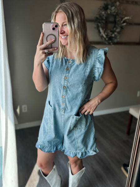 Juju Ruffle Denim Romper - Dark