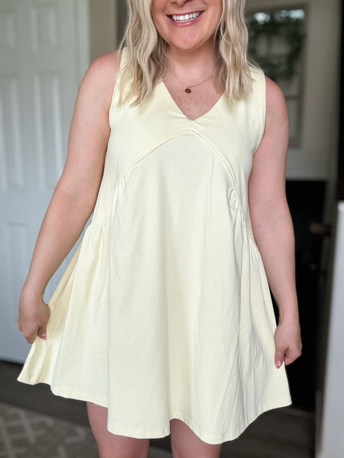 Sleeveless V Neck Mini Dress - Yellow