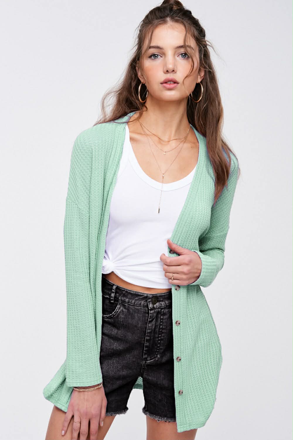 Hadlie Waffle Button Down Cardigan - Mint - SIZE SMALL