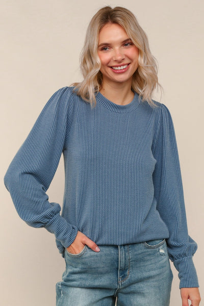 Simply Styled Balloon Sleeve Knit Top - Denim