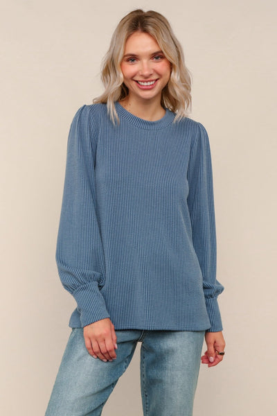 Simply Styled Balloon Sleeve Knit Top - Denim