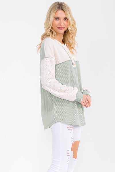 Tally Two Tone Ribbed Top - Sage