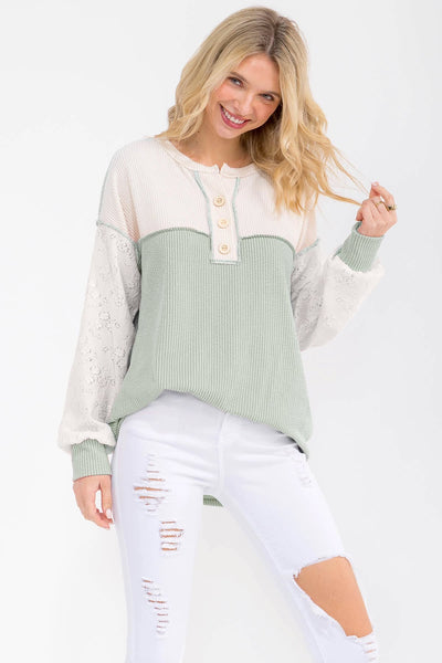 Tally Two Tone Ribbed Top - Sage