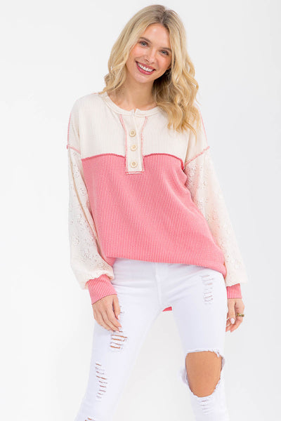 Tally Two Tone Ribbed Top - Coral