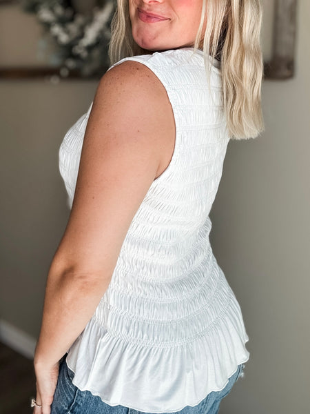 Bridgette Smocked Ruffle Hem Tank - White