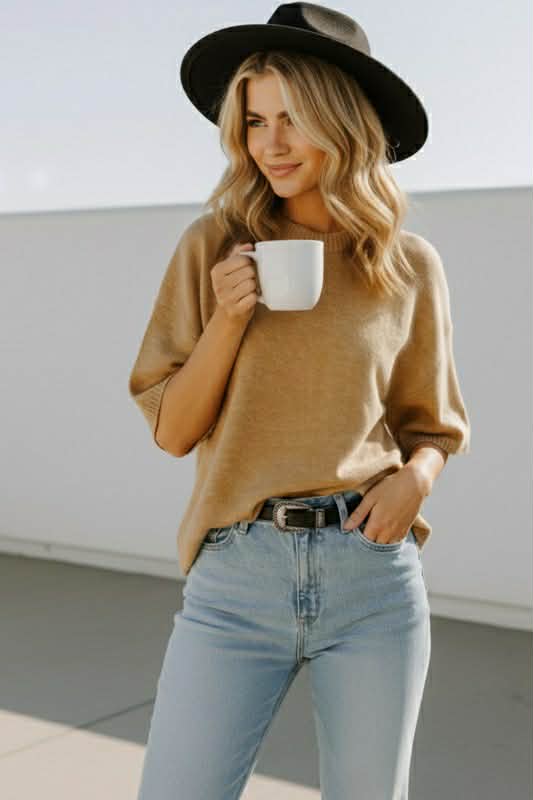 Tinley Short Sleeve Sweater Top - Taupe - SIZE SMALL