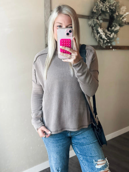 Wander & Rest Cable Ribbed Knit Drop Shoulder Top - Mocha - SIZE L/XL