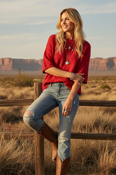 Tinley Short Sleeve Sweater Top - Red - SIZE SMALL