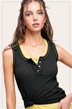Nella Ribbed Button Tank - Black - SIZE SMALL