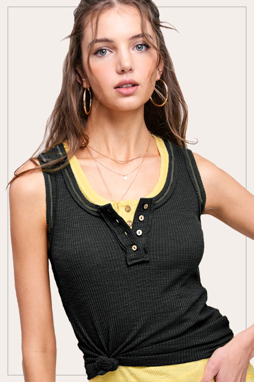 Nella Ribbed Button Tank - Black - SIZE SMALL