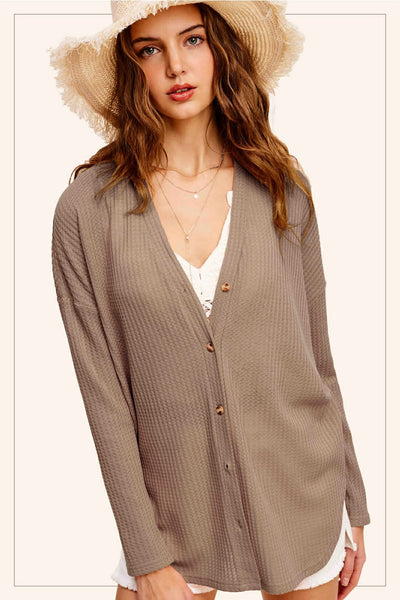 Hadlie Waffle Button Down Cardigan - Mocha