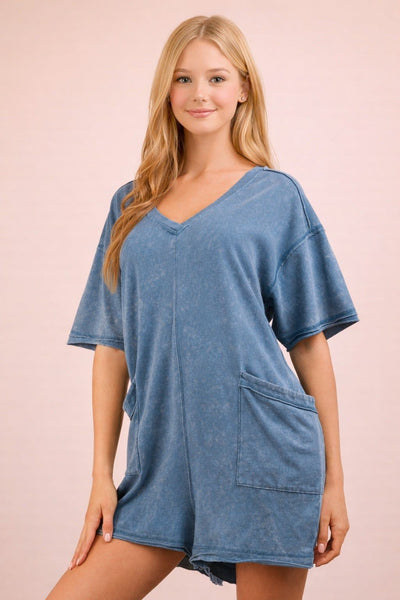 Sunshine State Mineral Wash Romper - Denim - SIZE MEDIUM