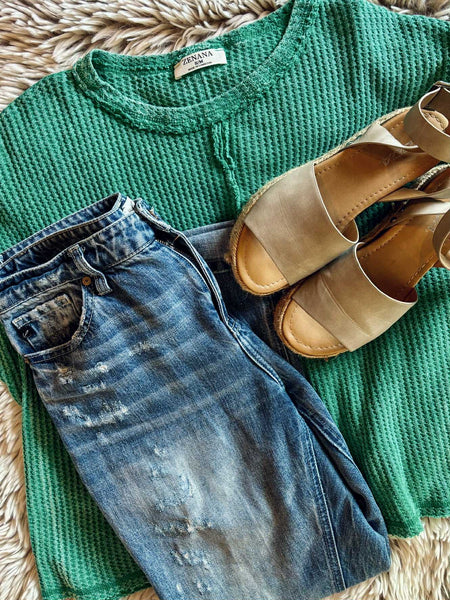 Greer Waffle Knit Top - Green - SIZE L/XL