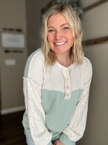 Tally Two Tone Ribbed Top - Sage