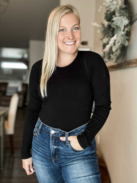 Juniper Long Sleeve Ribbed Bodysuit - Black - SIZE LARGE