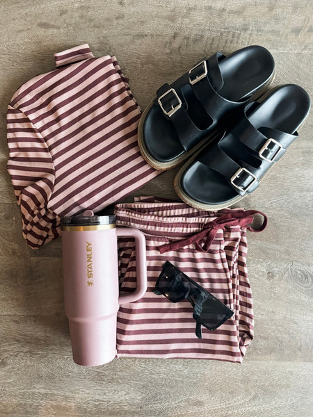 Megan Stripe Lounge Set - Burgundy