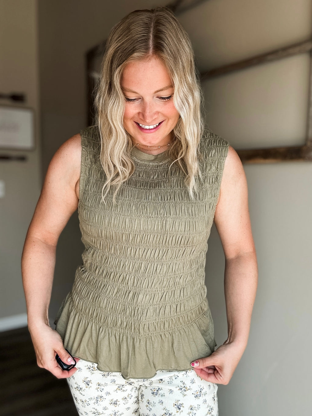 Bridgette Smocked Ruffle Hem Tank - Olive
