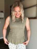 Bridgette Smocked Ruffle Hem Tank - Olive