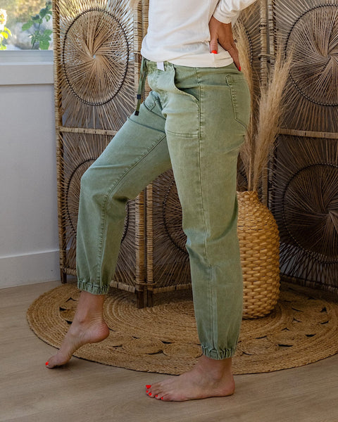 Marrah Cropped Denim Jogger - Olive