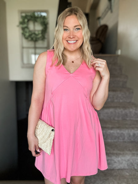 Sleeveless V Neck Mini Dress - Pink