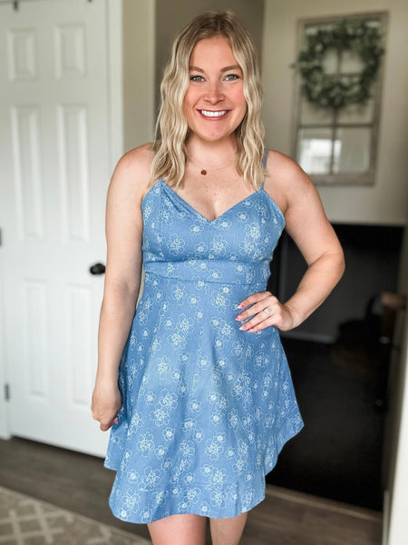 Denim Floral Cami Dress - Light Denim