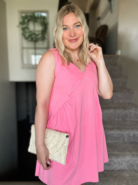 Sleeveless V Neck Mini Dress - Pink