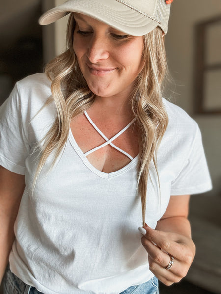Whitley Criss Cross Tee - White - SIZE SMALL