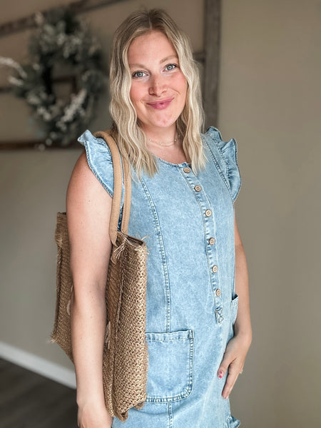 Juju Ruffle Denim Romper - Dark