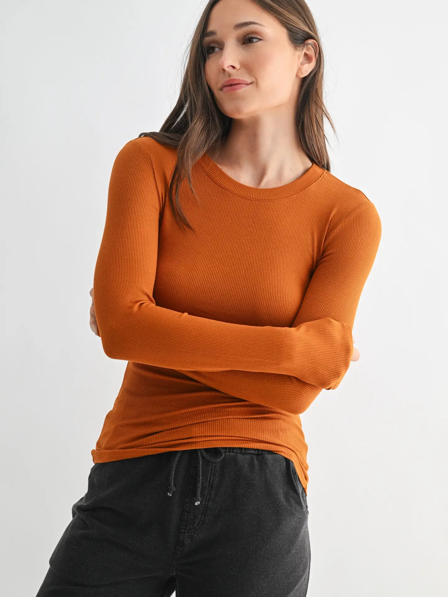 Mella Micro-Ribbed Long Sleeve - Amber - SIZE LARGE