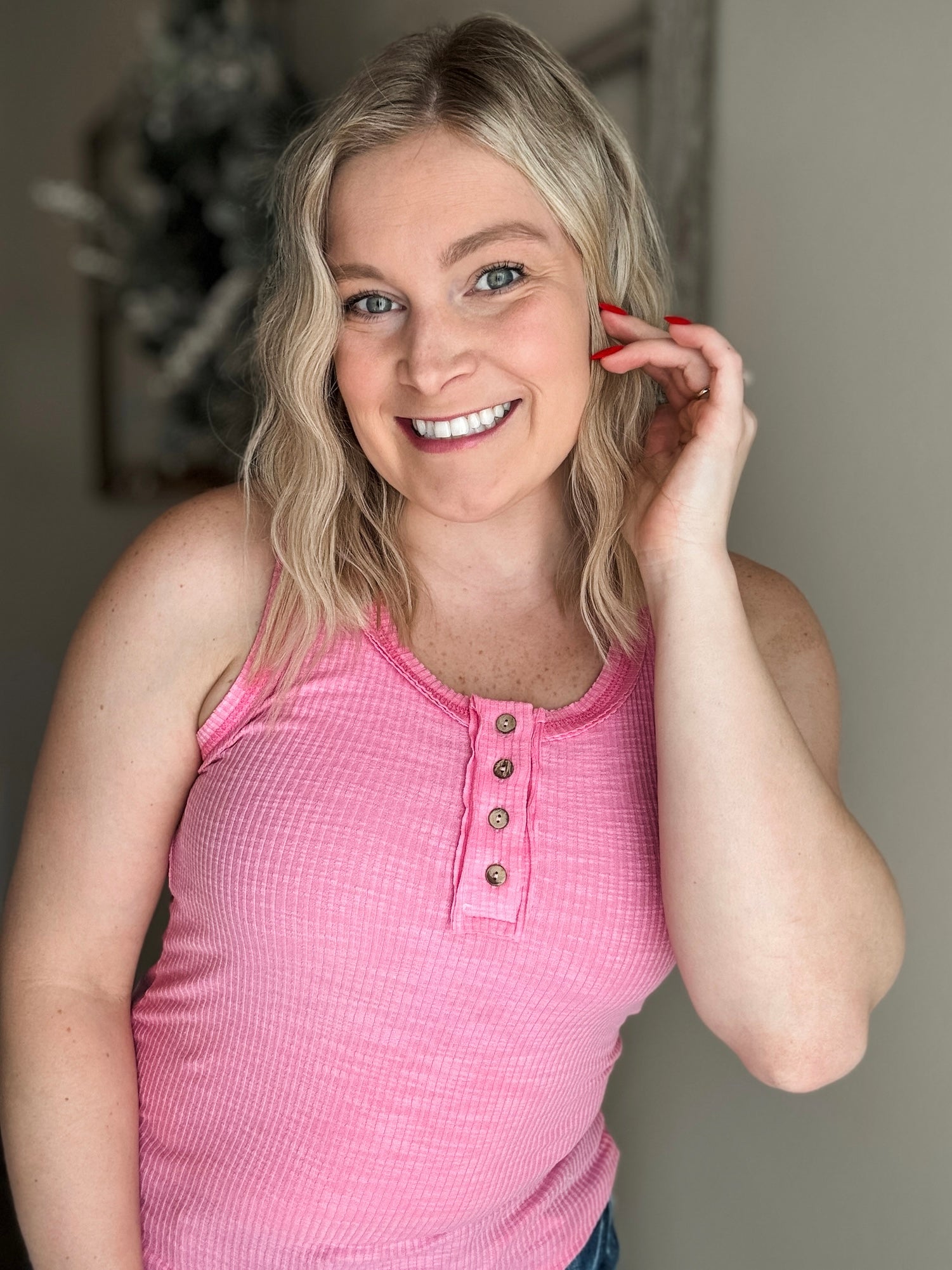 Nella Ribbed Button Tank - Light Pink
