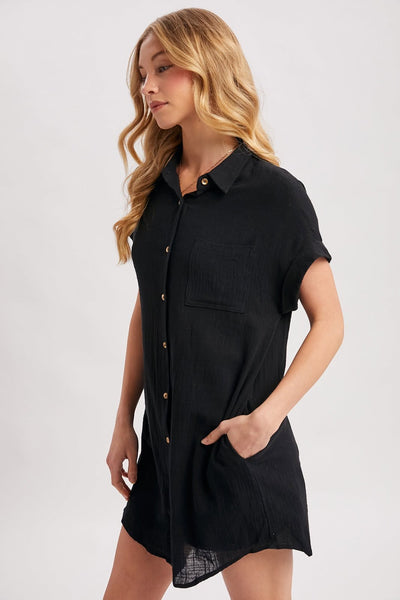Positano Button Up Shirt Dress - Black