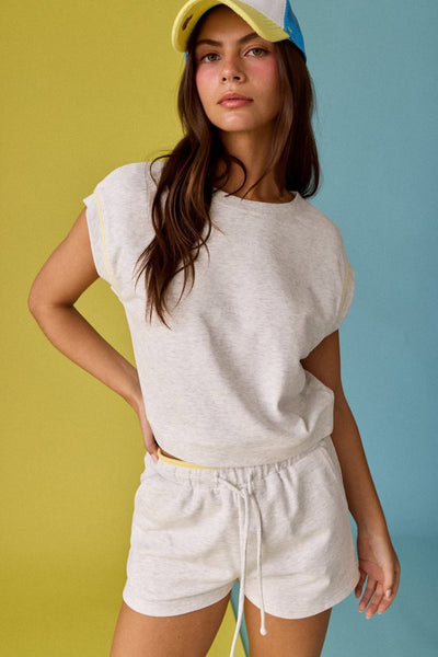 Contrast Trim Short Sleeve Top And Short Set - Melange/Yellow