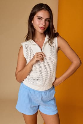 Open Knit Zip Collar Sleeveless Sweater - Ivory