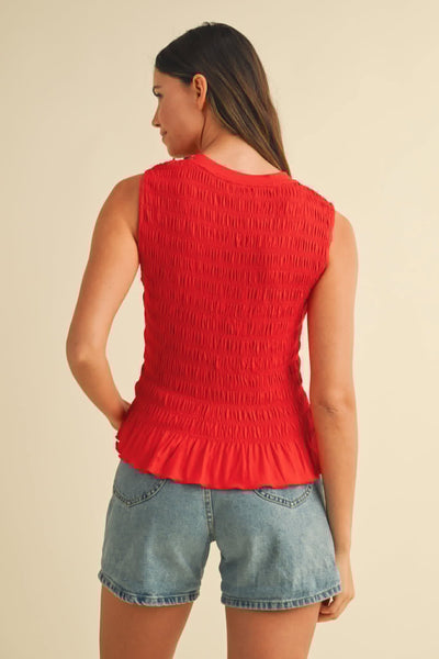 Bridgette Smocked Ruffle Hem Tank - Red