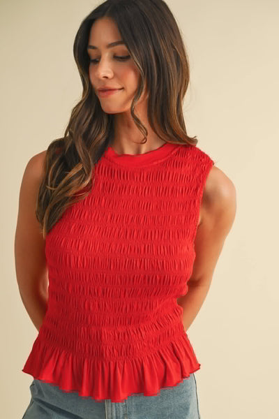 Bridgette Smocked Ruffle Hem Tank - Red