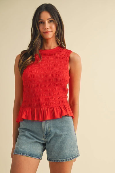 Bridgette Smocked Ruffle Hem Tank - Red