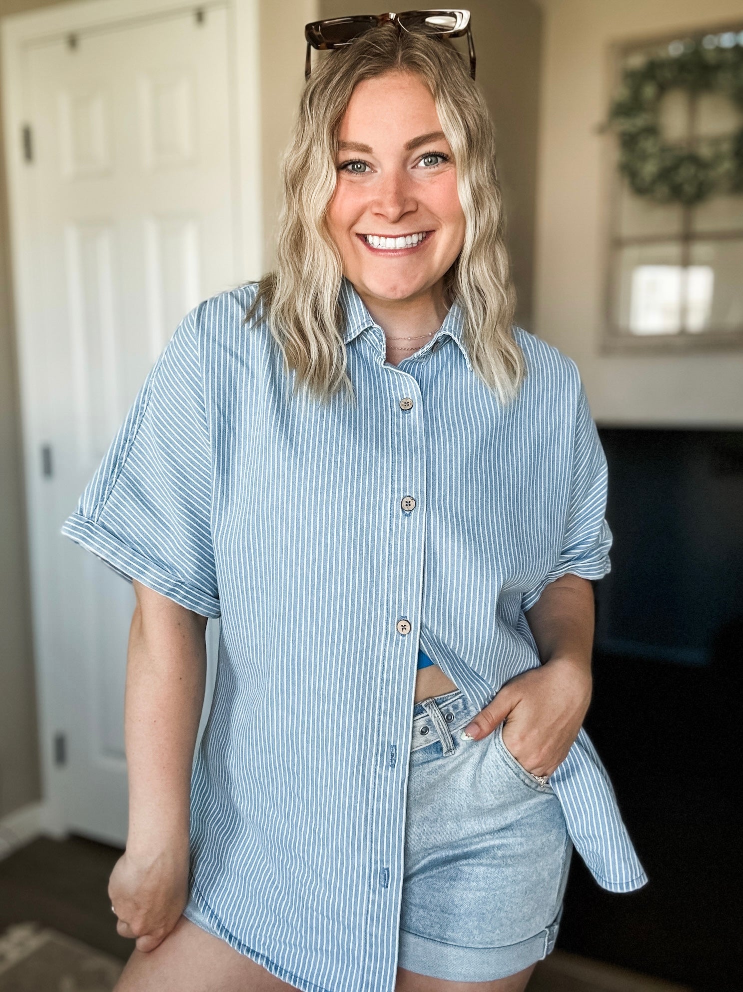 Rylan Stripe Denim Button Down Shirt - SIZE MEDIUM