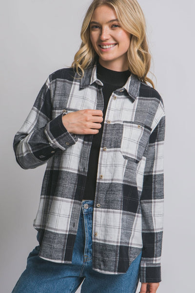 Jaelie Plaid Flannel Button Down - Black