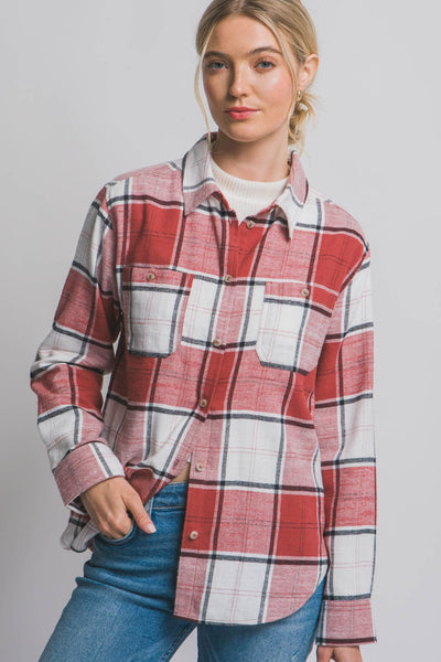Jaelie Plaid Flannel Button Down - Burgundy