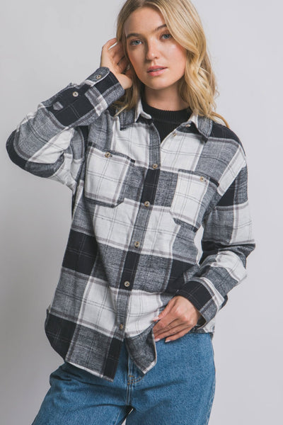 Jaelie Plaid Flannel Button Down - Black