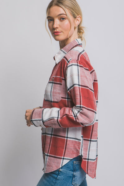 Jaelie Plaid Flannel Button Down - Burgundy