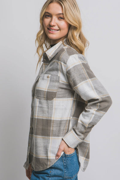 Jaelie Plaid Flannel Button Down - Olive